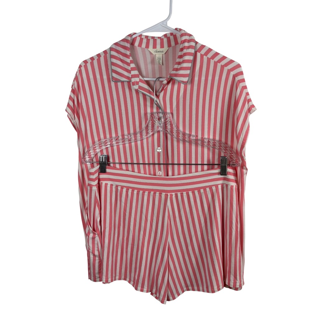 Soma Pajama Set Women's L Pink White Striped Short Sleeve Shorts Loungewear